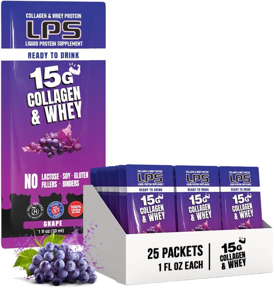 Diseños Nutricionales LPS LPS Liquid Collagen & Whey Protein Suplemento - Non-GMO Bebe, Libre de azúcar - Promueve la piel saludable & el pelo para hombres & mujeres, hierba, servidumbre individual (25 paquetes)