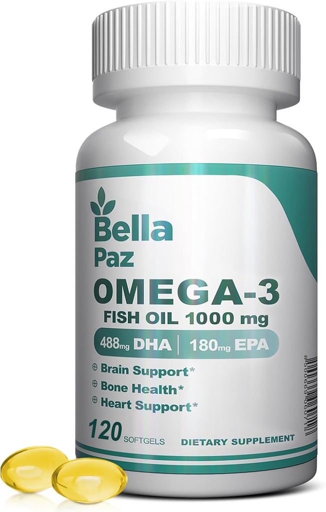 Omega 3 FishOil Suplementos - 1000mg Fish Oil 788 mg Omega-3 Fatty Acid Burpless, 488 DHA & 180 EPA para Muscle Bone Heart Brain Support and Health, Suplementos para Hombres y Mujeres, 120 Softgels