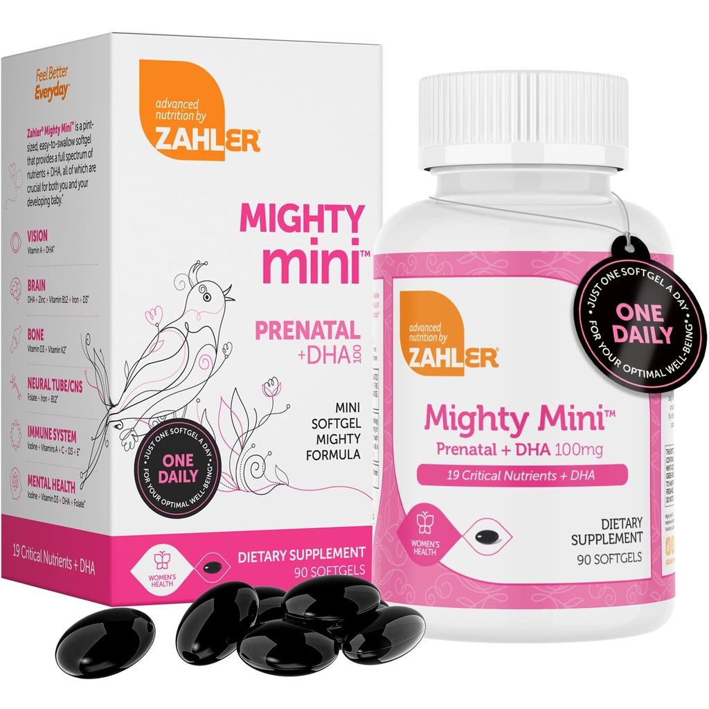 Zahler Mighty Mini vitamina prenatal con DHA & Folate - Certified Kosher - Todas las vitaminas prenatales naturales - Multivitamina para las mujeres embarazadas - 19 vitaminas prenatales incluyendo ácido fólico (90 Softgels)