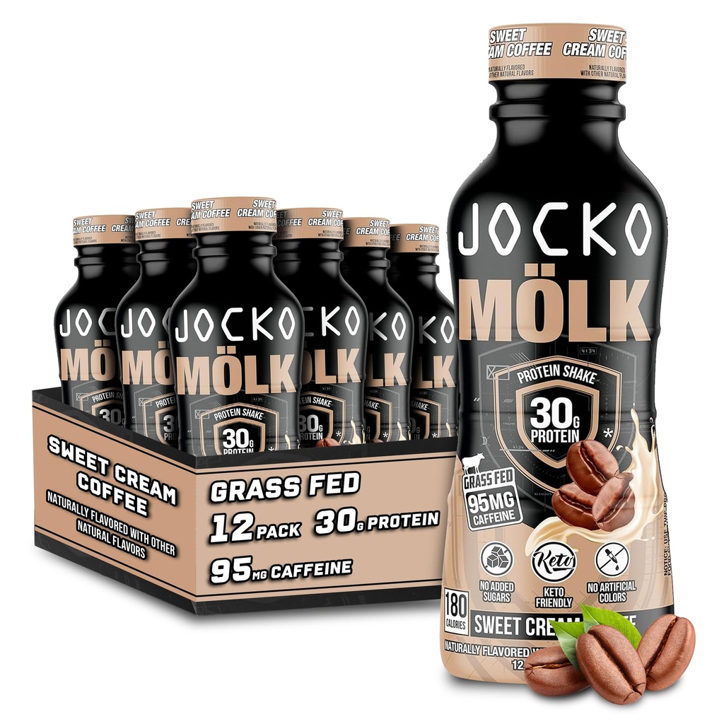 Jocko Fuel Mölk 30g Grass Fed Protein Shakes - No Añadido Sugar Protein Drinks KETO Friendly - Listo para beber 12 FL Oz (Pack of 12) Sweet Cream Coffee