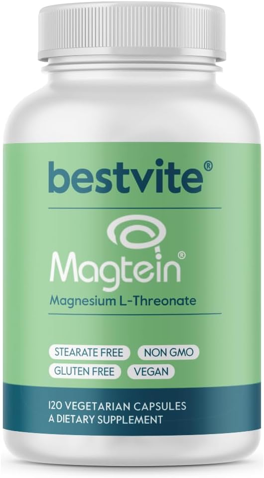 BESTVITE Magtein Magnesium L-Threonate Capsules - 2000mg por Serving (120 cápsulas vegetarianas) - Magnesio patentado y biodisponible - No Stearates - No Fillers - Vegan - No GMO - Gluten Free