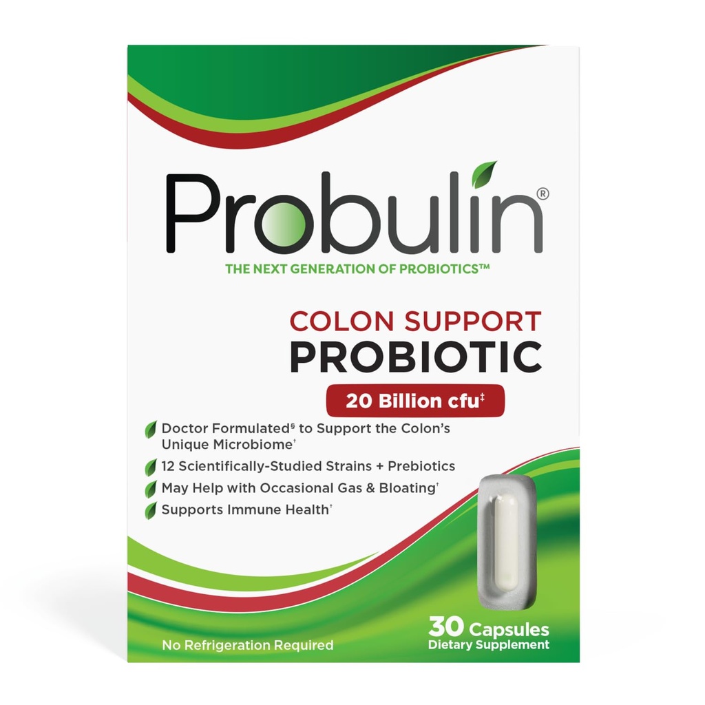 Probulin Colon Support Daily Probiotic + Prebiotic + Support Gut Health, Occasional Gas and Bloating - 20 Billion CFU - 12 Strains, 30 Vegan Capsules