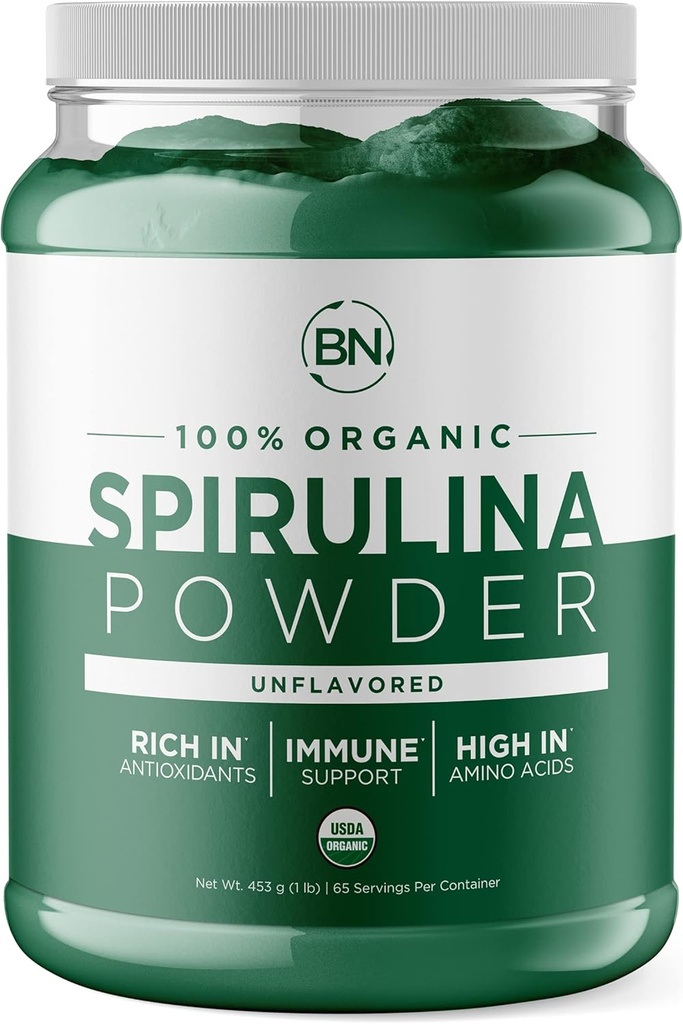 Spirulina Polvo Orgánico 1lb -129 Servidores 3.5g Tamaño de servicio - USDA Certified - RAW Nutrient Dense Más del 70% Protein Por Serving - Purest Source Vegan Protein - Superfood