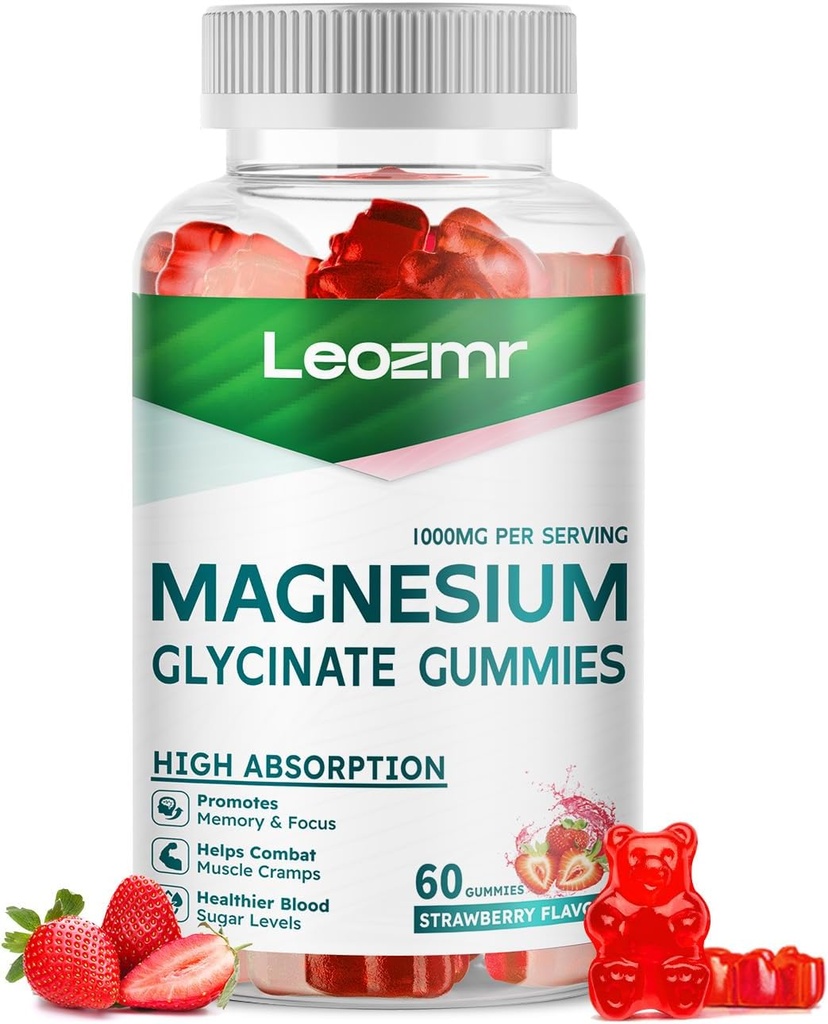 Magnesio Glycinate Gummies 1000mg - Suplemento de Potasio de Magnesio Libre de Azúcar con Vitamina D, B6, CoQ10 para calma Mood & Sleep Support - 60 Gummies de Fresa