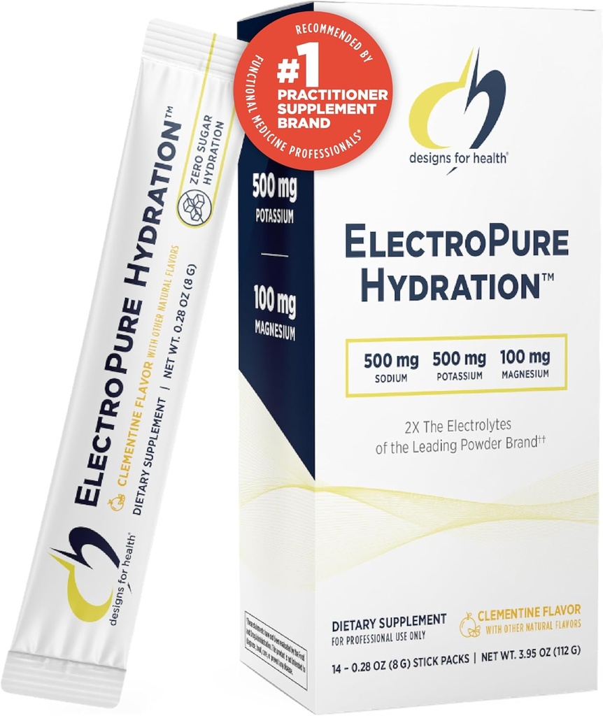 Diseños para la salud ElectroPure Hydration Packets - Clementine-Flavored Electrolytes Polvo, No Azúcar - Bebida Mix Packets con vitamina C, Magnesio + Zinc - Hydrate + Replenish (14 Stick Packets)