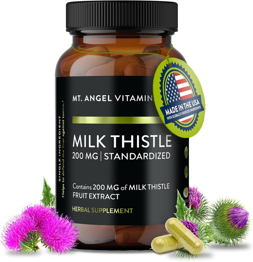 Mt. Angel Vitamins' Milk Thistle - Suplemento de apoyo a los hígados vegetarianos - Salud de los hígados óptimas " Herbal Detox - No Gluten-Free - Made in The USA - 60 cápsulas