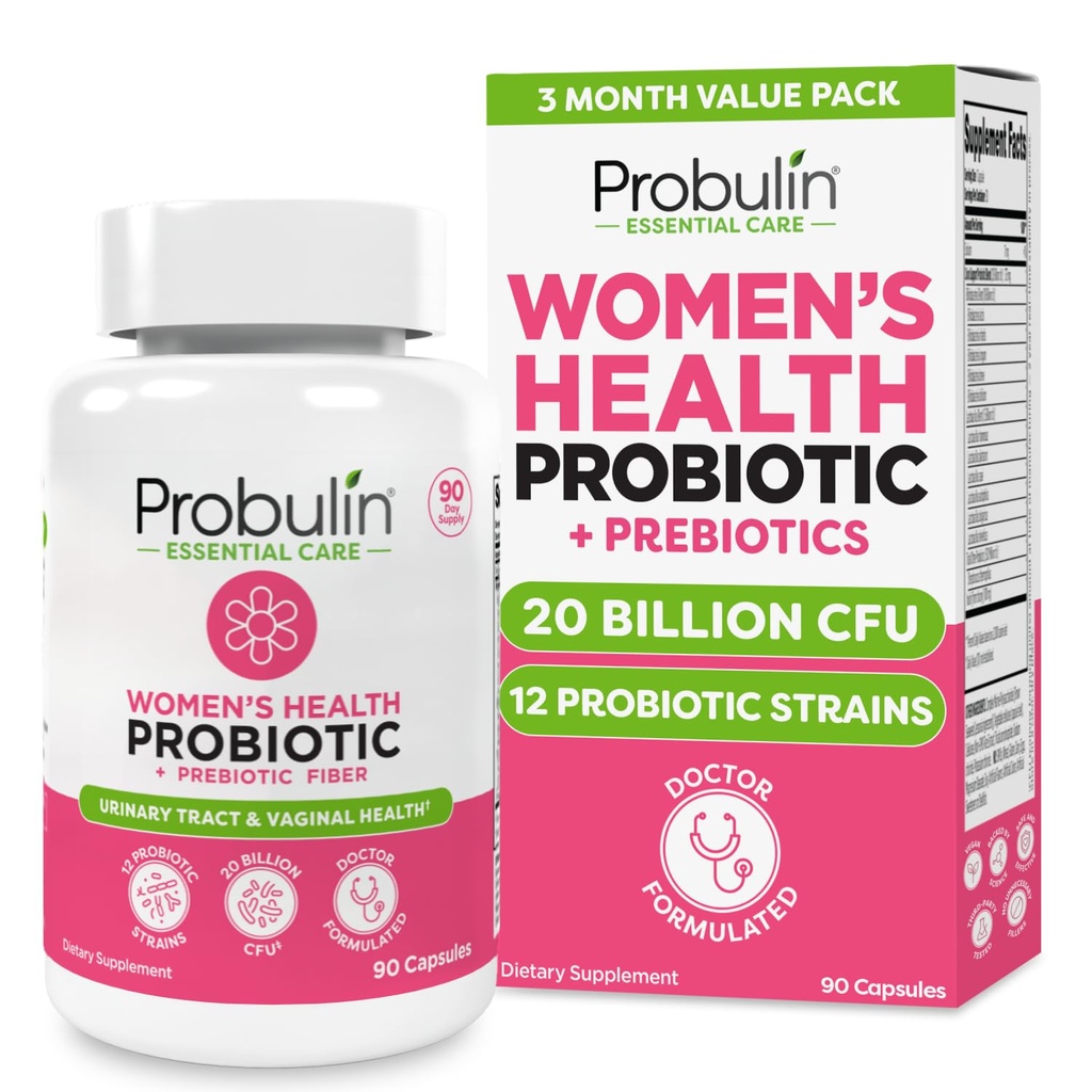 Probiótico Probulina Mujeres - Vaginal, UT, Gut &amp; Immune Health with Lactobacillus Reuteri - 20 Billion CFU, 12 Strains Probióticos & Prebióticos - 90 Vegan, Gluten Free Capsules for Whole-Body Wellness