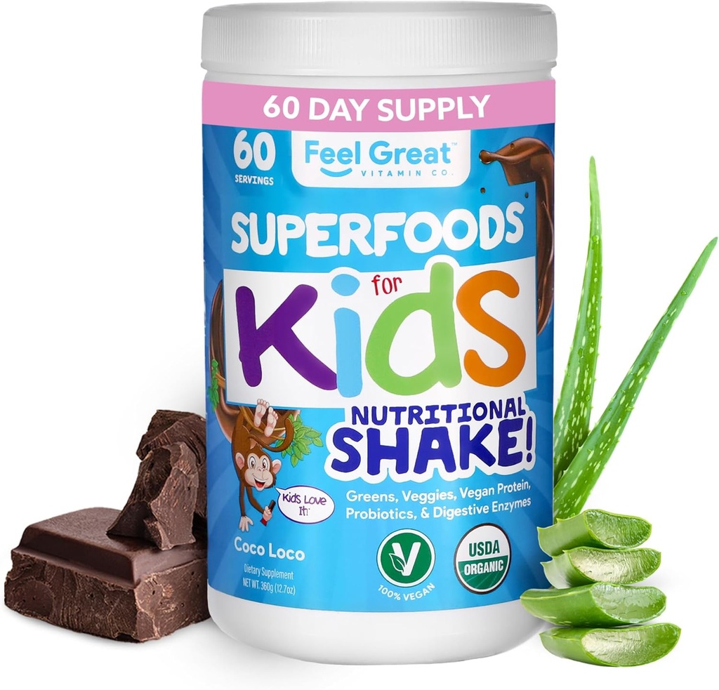 Niños Ecológicos Super Verdes Polvo con frutas & verduras - Multivitamina de niños todo-en-uno hecha de plantas reales - sin vitaminas sintéticas, sin rellenos o carpetas, sin azúcar.