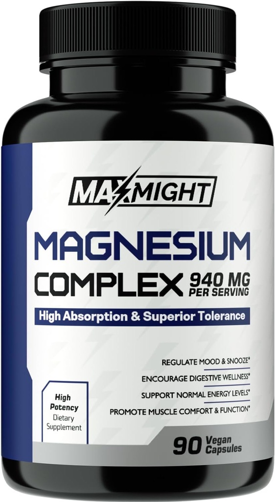 Magnesio Complejo, 210 mg Magnesio Elemental, Glycinate, Citrato " Malato, No GMO, Max Absorption, Muscle, Mood, Energy, 90 cápsulas Vegan