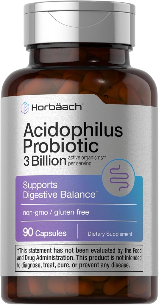 Horbäach Probiotic for Women & Men's Digestive Health ← 3 Billion CFU  90 Capsules ← Non-GMO & Gluten Free
