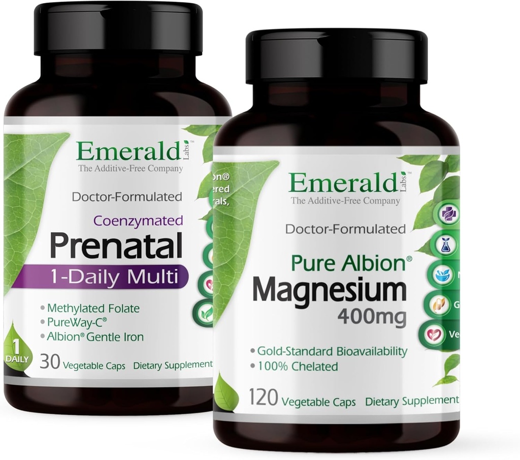Laboratorios Esmeraldas Bundle con multivitamina prenatal de 1 día (60 caps de veg) & Magnesium 400mg (120 caps de veg) - Multivitamina prenatal con folato metilado, hierro & más* - Bone & Sleep Support con Albion Magnesium