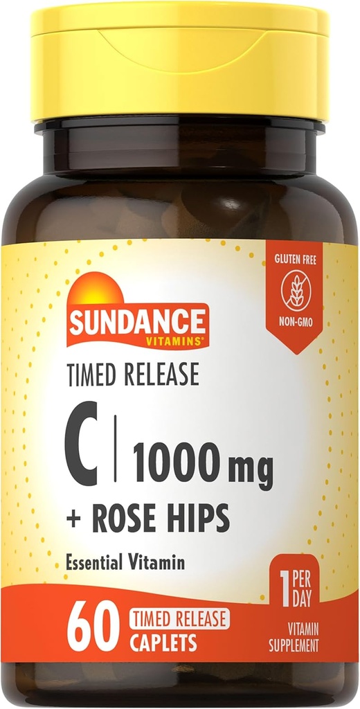 Sundance Vitamina C 1000mg con Rose Hips ← 60 Coated Caplets Silencio Timed Release Silencio Vegetariano, No GMO, y Gluten Suplemento gratuito