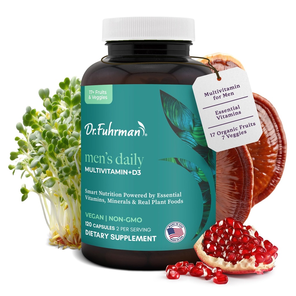 Dr. Fuhrman Multivitamínico para Hombres + D3 Vitamina para Apoyo Inmunitario Silencio Vegan Fórmula Hombre Multivitamínico con B12 &amp; Zinc  Comida multivitamina Empaquetada con 17 Frutas & verduras Silencio No GMO TEN 120 cápsula