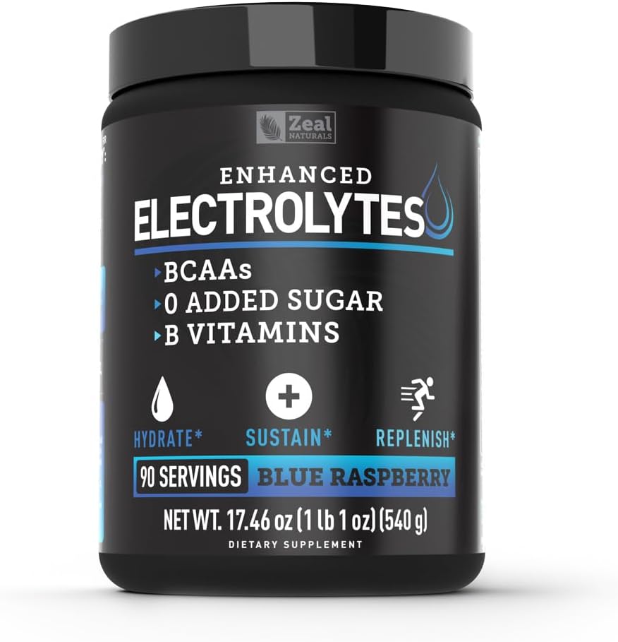 Enhanced Electrolyte Powder (Blue Raspberry tención 90ct.) w/ 0 Sugar +BCAAs +B-Vitamins Suplemento electrolito w Potasio Zinc & Magnesio para la hidratación - Keto Electrolitos
