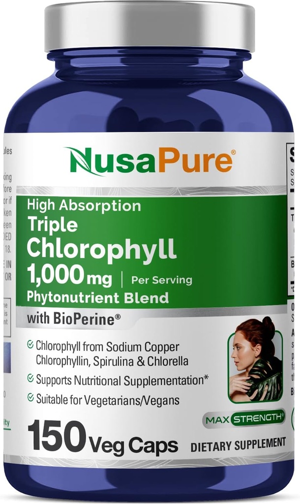 NusaPure High Absorption Triple Chlorophyll 1000 mg 150 Veg Caps Apto para Vegetarianos y Veganos, No GMO
