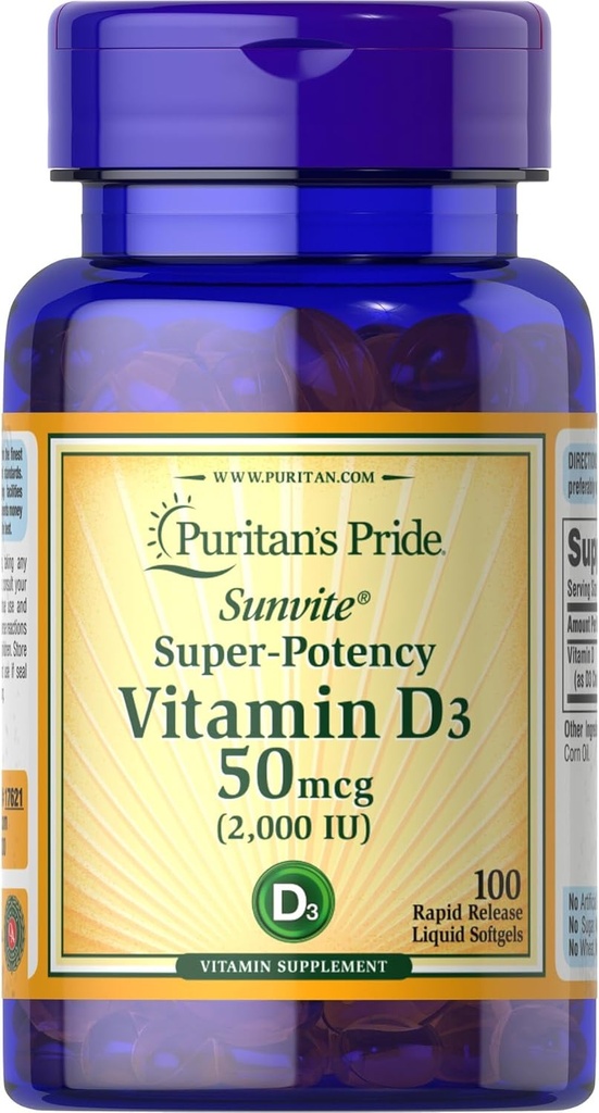 Puritan Pride Sunvite Super High Potency Vitamin D3 2000IU 100 Softgels