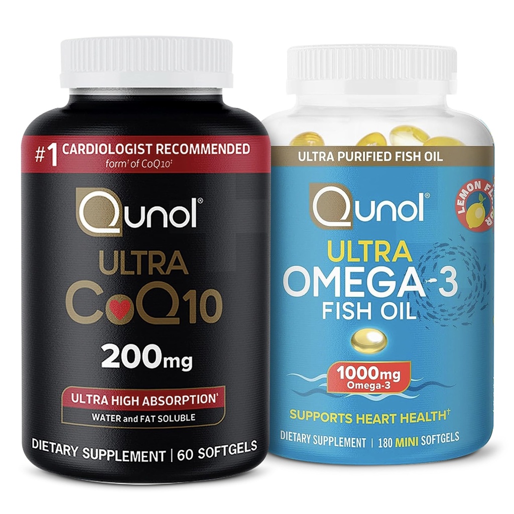 Qunol Ultra CoQ10 200mg Softgels - Ultra Alta Absorción Coenzima Q10 Suplemento - 2 Mes Fuente - 60 Conde + Fish Oil Omega 3 Mini Softgels, 1000mg Omega 3 EPA + DHA, 3 Mes Fuente, 180 Conde