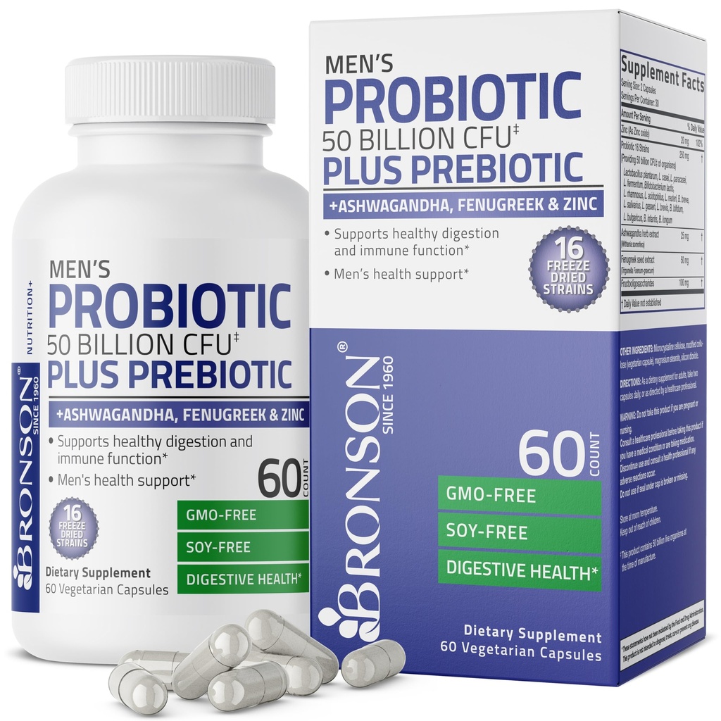 Bronson Hombre Probiótico 50 billón CFU Plus Prebiótico con Ashwagandha, Fenugreek " Zinc, soporta la digestión saludable " Función inmunitaria No GMO, 60 cápsulas vegetarianas