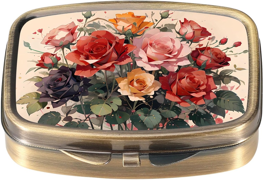 Caja de pill de Dynippy Caja de pill con espejo Retro Pocket 2 Compartment Medicine Case Vitamin Pill Organizer for Pocket Purse and Travel (Cute Flower)