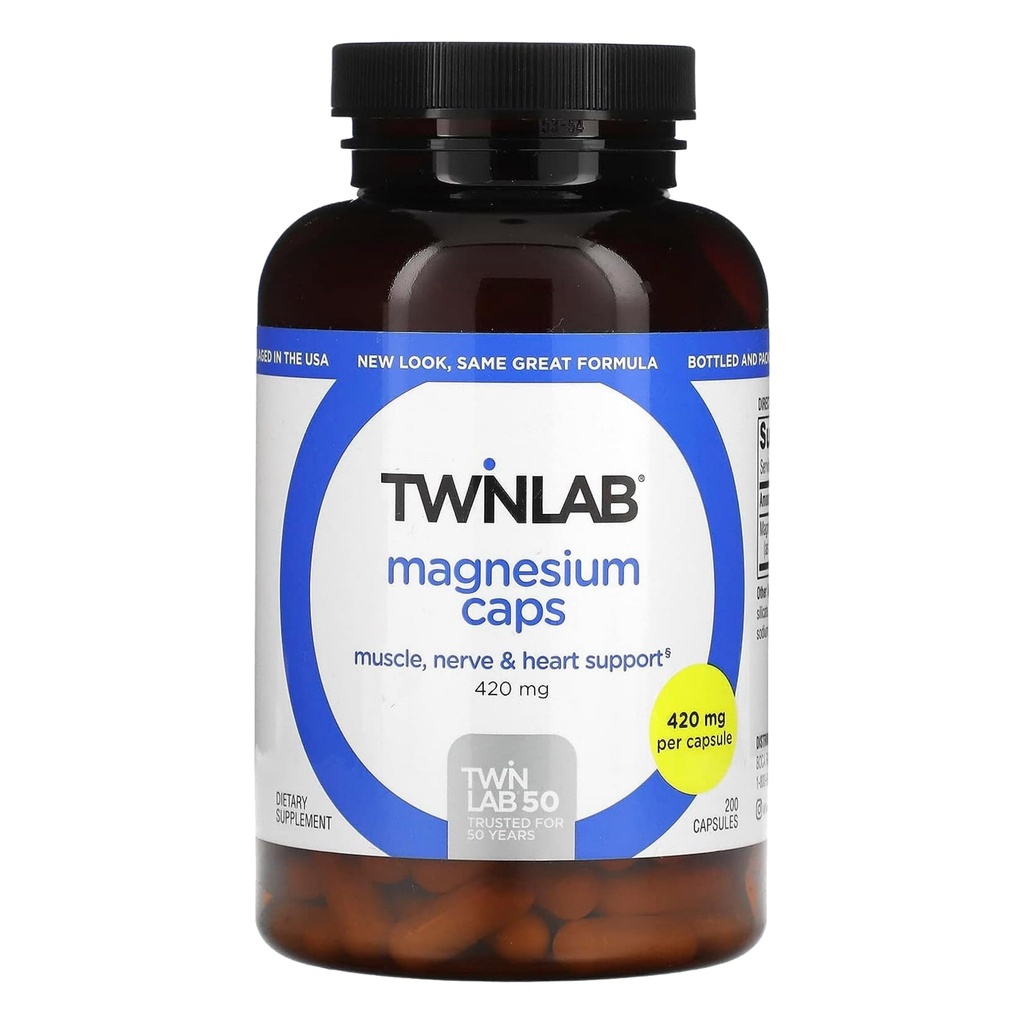 Capas de magnesio de Twinlab - Suplemento de magnesio de alta absorción para apoyar a los calambres de la pierna Alivio - cápsulas de magnesio para el alivio de estrés, 420 mg, 200 Conde, 1 Pack
