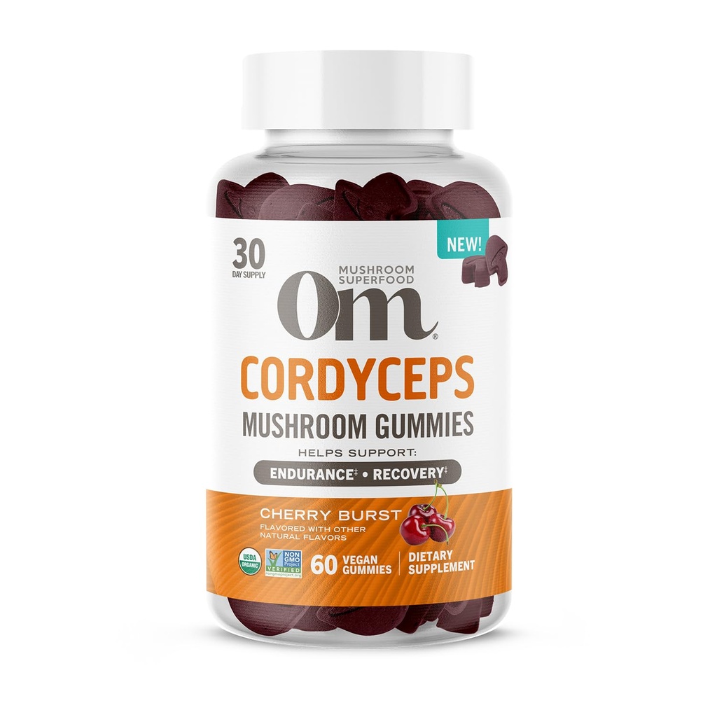 OM MUSHROOM SUPERFOOD Cordyceps Gummies – USA Grown Organic Mushrooms – Supports Endurance, Energy & Recovery – Cherry Burst Flavour – 30 Servings, 60 Count.