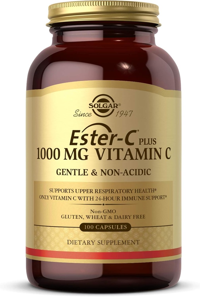 Solgar Ester-C Plus 1000 mg Vitamina C con Citrus Bioflavonoides - 100 cápsulas - Gentle & Non Acidic - Soporte inmunitario de 24 horas, apoya la salud respiratoria superior - no transgénico, libre de gluten - 100 servicios