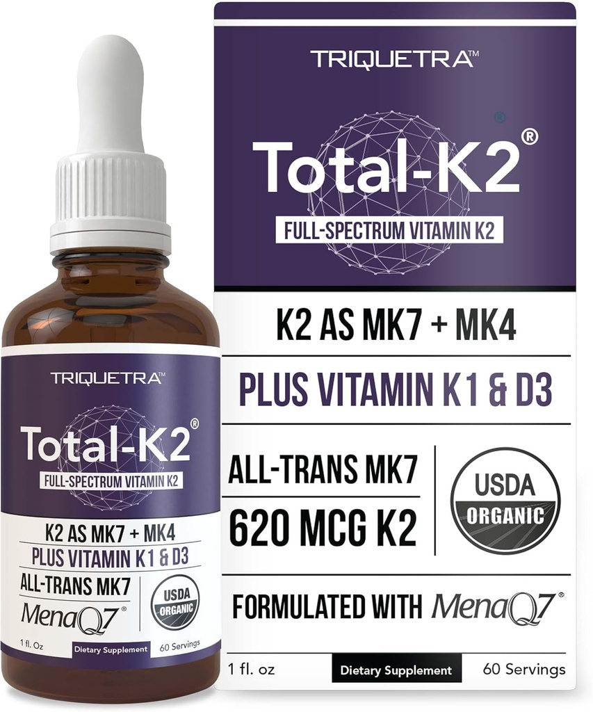 Total K2® tención Vitamina K2 como MK7 & MK4 tención Plus K1 & Vitamina D3 Cofactor - 620 mcg K2 per Serving - All-Trans MK7 de MenaQ7® - Full-Spectrum Vitamin K - Vegan, Certified Orgánico (Liquid 1 oz)
