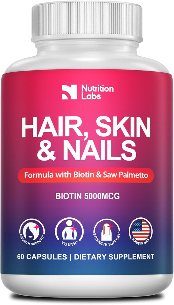 Piel de pelo y uñas Vitaminas para Mujeres 100% Made in The USA – Natural Biotin 5000MCG Suplemento para el crecimiento del cabello - DHT Blocker - No GMO, Gluten Free-3rd Party Tested-1 Month Supply