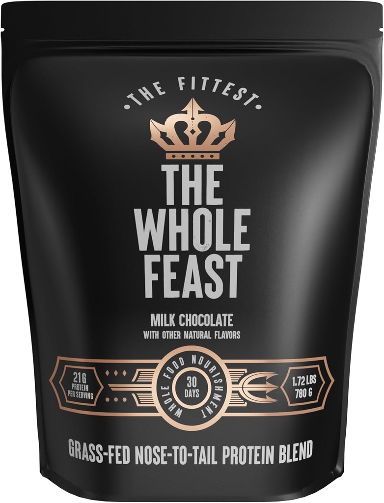 Fittest Whole Feast Beef Protein Powder - Milk Chocolate - Grass Fed Nose to Tail Carnivore Blend Incluyendo Liver, Colostrum y Bono Único - BCAAs - 14g Collagen, 21g Total Protein