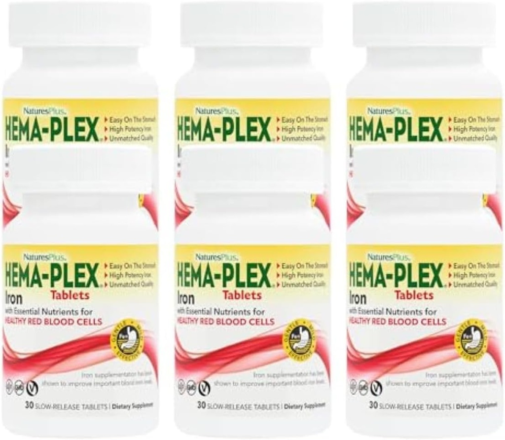 NaturesPlus Hema-Plex Iron - 30 Tablas de liberación sostenidas, Pack de 6-85 mg Hierro Elemental - Sangre Total - con Vitamina C " Bioflavonoides - Vegan, Gluten Free - 180 Total Servings