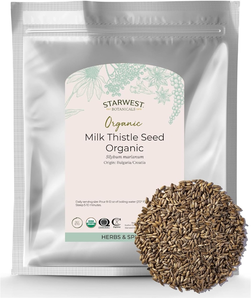 Starwest Botanicals Organic Milk Thistle Seed Whole - Loose Leaf Milk Thistle for Tea & Cooking, Mix in Juice, Add to Smoothies, Oatmeal, " Yogurt, Certified Kosher, Non-GMO - Bulk 1 lb Bag