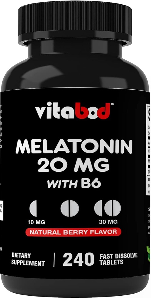 Melatonina 20 mg - 240 Tablas de disolver rápido - Medicamentos libres - Natural Berry Flavor - Vegetariano, No GMO, Gluten Free 240 Count (Pack of 1) (240 Count (Pack of 1))