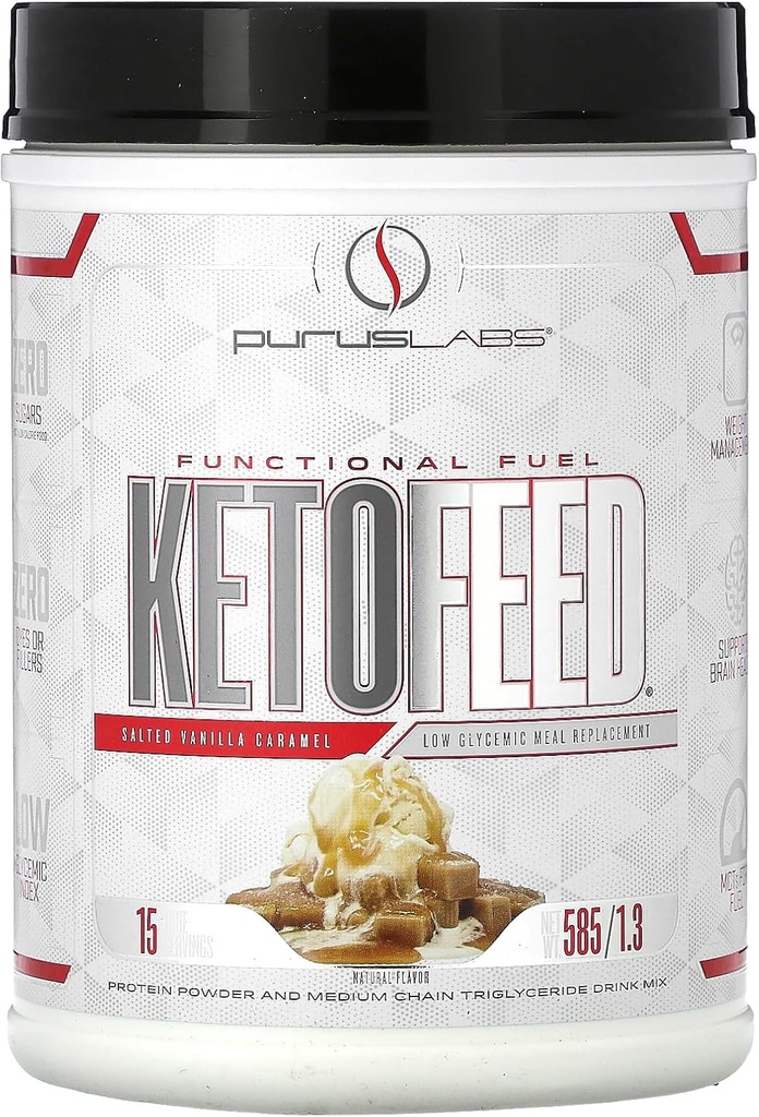Laboratorios de Purus KetoFeed Protein ← Keto Low Glycemic Protein Meal Replacement TENIDO Carb bajo, 0 Azúcares ANTERI Añadido MCTs ANTE 20g Whey Protein (Salted Vanilla Caramel)