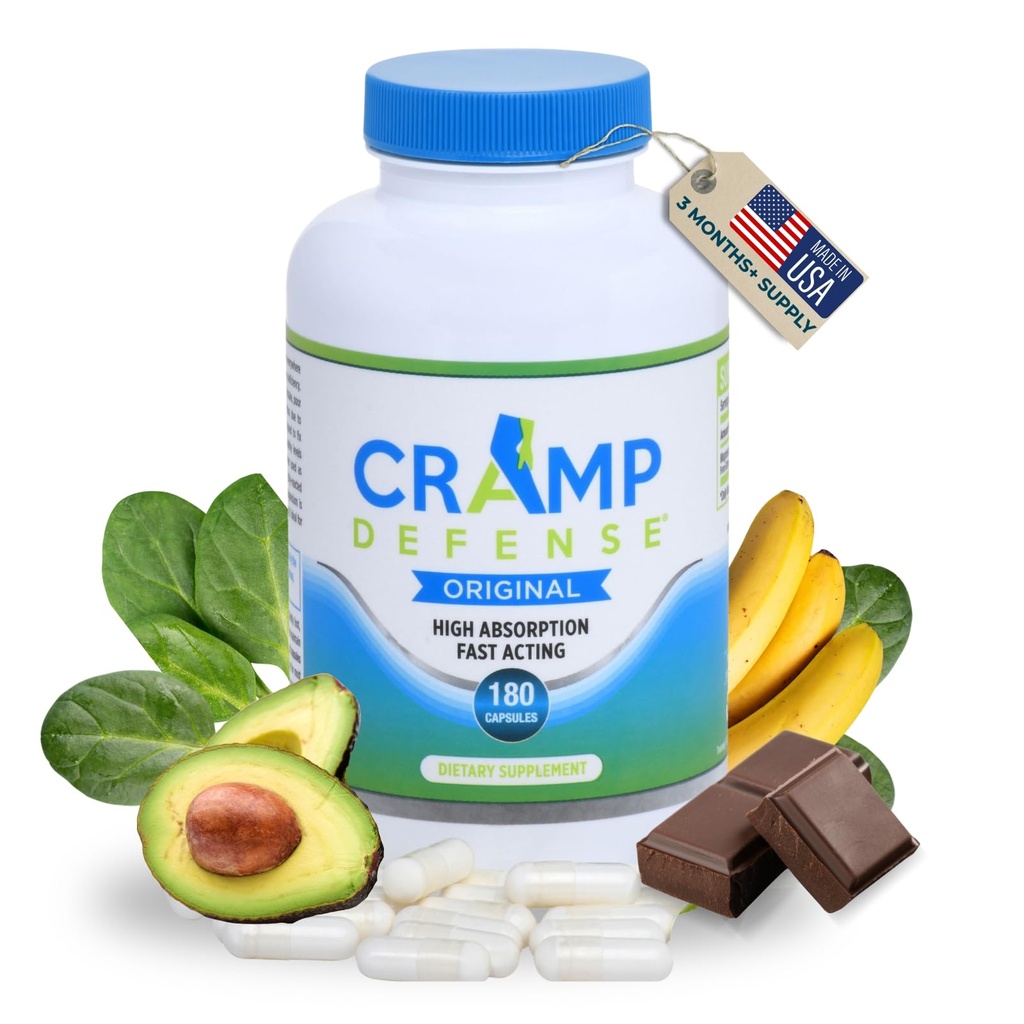 Cramp Defense® for Leg Cramps &amp; Muscle Cramps Relief (During The Day & at Night). Suplemento de magnesio hecho en EE.UU. 3-6 Mes de suministro por botella. Contiene Truemag® para Max Absorption. 1+ millones de soldados.
