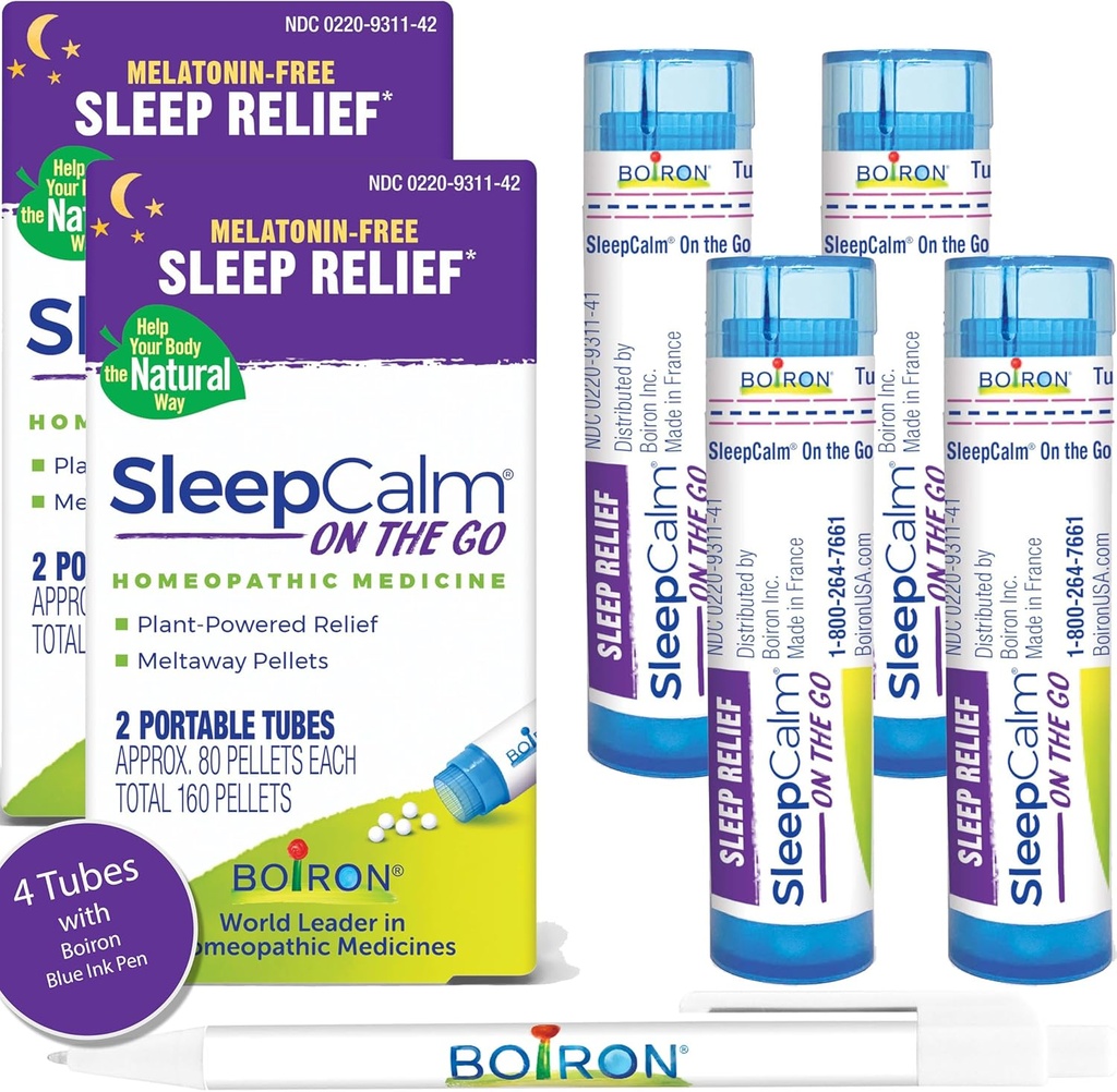 Boiron Sleep Calm On The Go Sleep Aid for Deep, Relaxing, Restful Nighttime Sleep - Melatonin-Free and Non Habit-Forming - 80 Count per Tube - 4 Tubes with Blue Pen