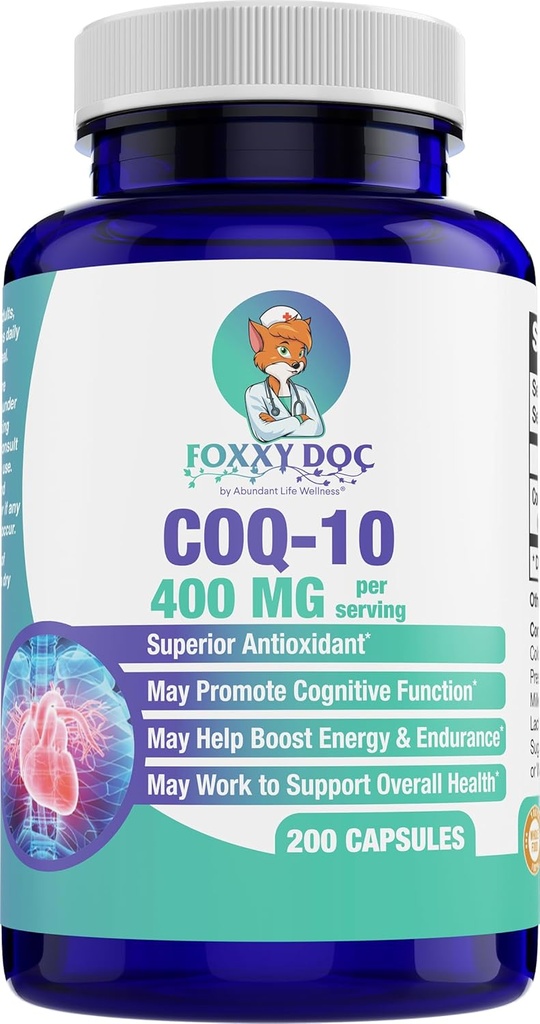 CoQ10 400 MG Per 2 Caps - Ubiquinone - Excelente valor - Corazón, Cerebro & Suplemento Celular - Energy Support - 200 Capas vegetales en botella - por Foxxy Doc