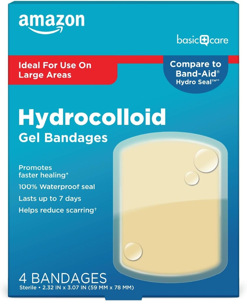 Amazon Basic Care Advanced Fast Healing Hydrocolloid Gel Bandages, Grande Wound Dressing, 4 ct