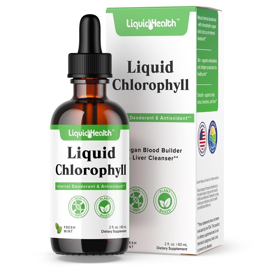 LIQUIDHEALTH Liquid Chlorophyll Drops - Deodorizador interno, Liver Detox, Immune Support, Promote Collagen for Hair & Skin, Stop Bad Breath, Reduce Appetite - Made in The USA, Vegan, Non-GMO (2 oz)