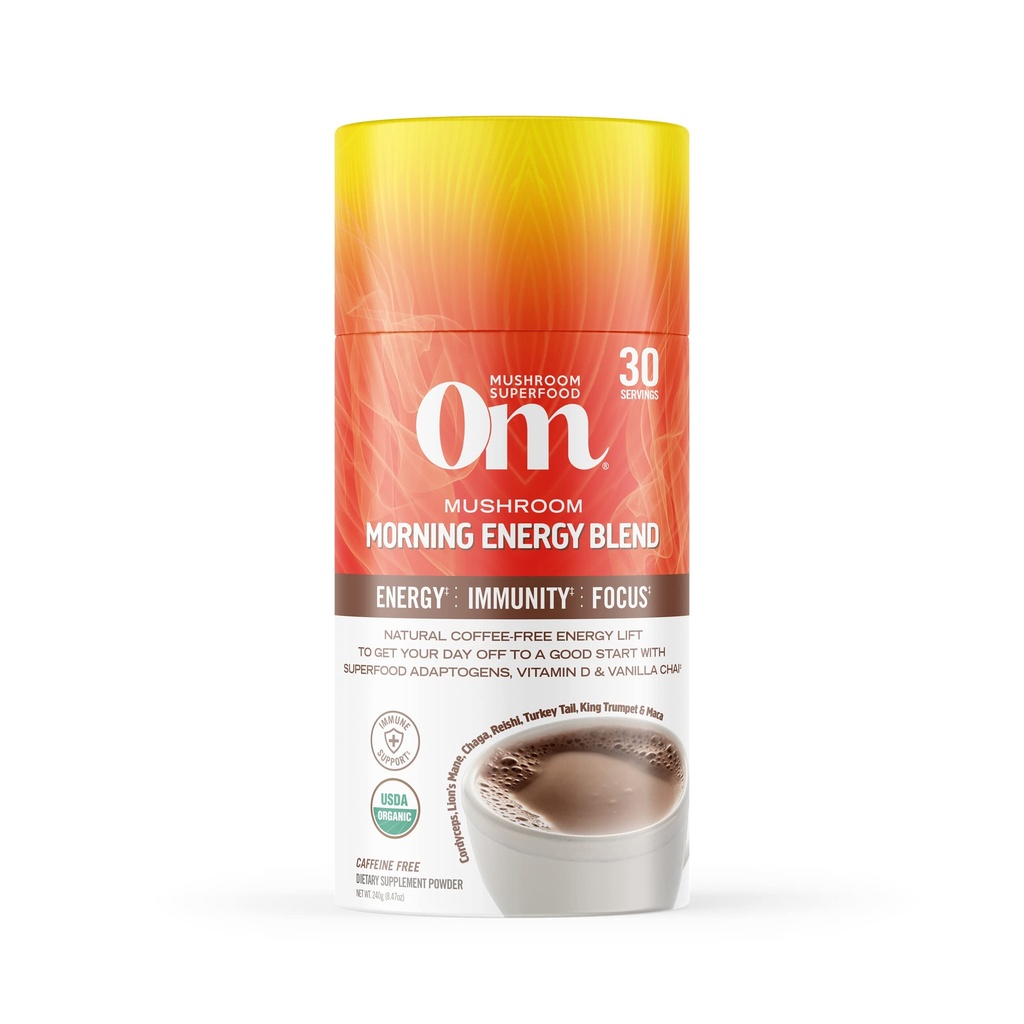 OM MUSHROOM SUPERFOOD Morning Energy Blend – Caffeine-Free Powder with Cordyceps, Lion’s Mane, Rhodiola & Vitamin D2 – Supports Energy, Focus & Endurance – 8.47 oz Canister (30 Servings)