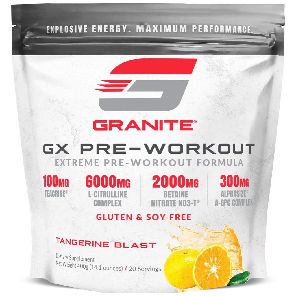 Granite GX Pre Workout Supplement, Tangerine Blast Flavor, Supports Focus, Energy, & Performance with Teacrine, L-Citrulline, Betaine, & A-GPC (20 Servings)