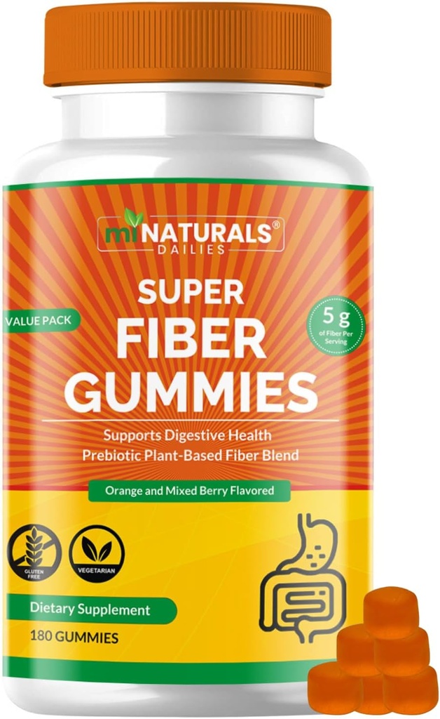 MINATURALS Prebiótico Fibra Suplemento Gummies ← Valor Pack - 180 ct Silencio 5 g per Gummy Silencio Planta Basada Digestiva Gut Limpieza Silencio Orange &amp; Mixed Berry