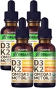 (4 Pack) Vitamina Orgánica D3 K2 gotas con MCT Oil Omega 3, 5000 UI, Maximum Strength Vitamin D Liquid - No Fillers, No GMO Liquid D3 para Absorción de Faster & Immune Support (Vanilla, 4 Fl Oz)