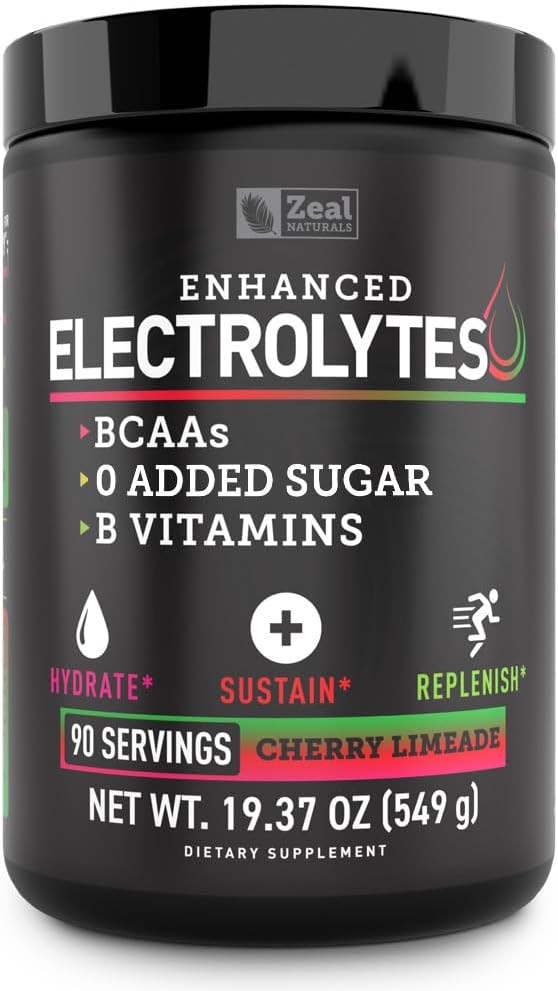 Zeal Naturals Electrolyte Powder Recovery Drink (90 Servings ← Cherry Limeade) w 0 Sugar +BCAAs +B-Vitamins Suplemento electrolito w Potasio Zinc & Magnesio para la hidratación - Keto Electrolitos