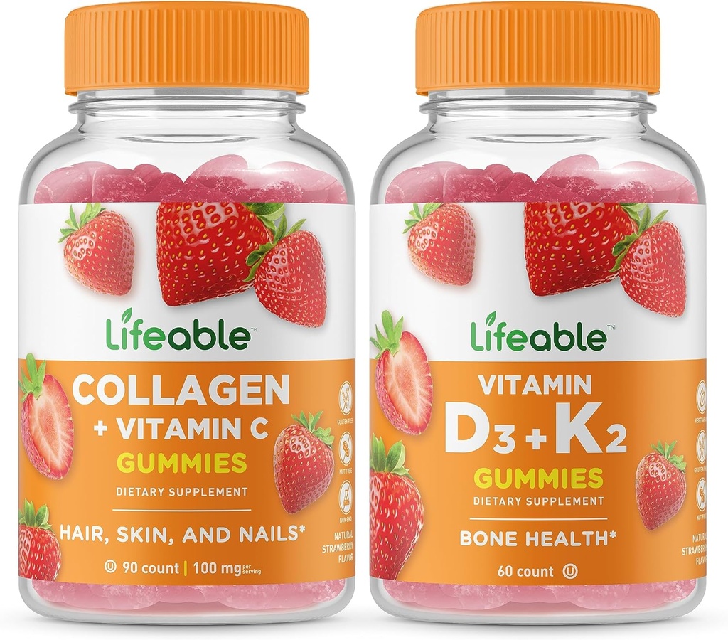 Colágeno Lifeable & Vitamina C + Vitamina D3 + Vitamina K2, Gummies Bundle - Gran Tasting, Suplemento de vitamina, Gluten Free, GMO Gratis, Chewable Gummy