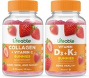 Colágeno Lifeable & Vitamina C + Vitamina D3 + Vitamina K2, Gummies Bundle - Gran Tasting, Suplemento de vitamina, Gluten Free, GMO Gratis, Chewable Gummy