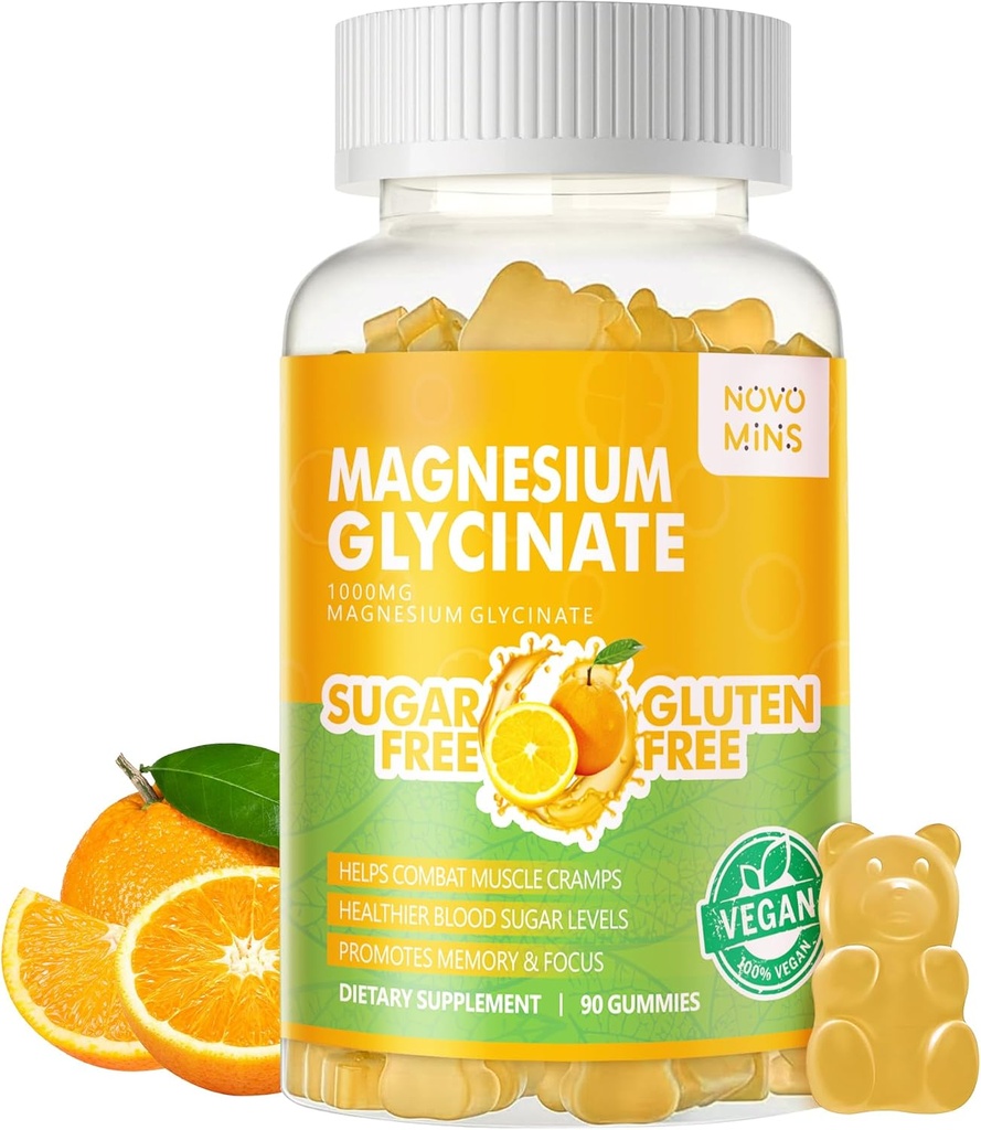 90 TC Magnesio Glycinate Gummies 1000mg - Suplemento de Potasio de Magnesio Libre de Azúcar con Vitamina D, B6, CoQ10 para calma Mood & Sleep Support - 90 Orange Gummies.