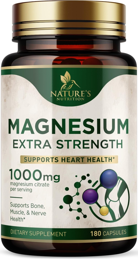 Suplemento mineral de magnesio 1000 mg - Citrato de magnesio de alta potencia para el hueso, salud cardíaca, nervios &amp; apoyo muscular, complejo de magnesio de la naturaleza para el soporte corporal completo, embotellado en EE.UU. - 180 cápsulas