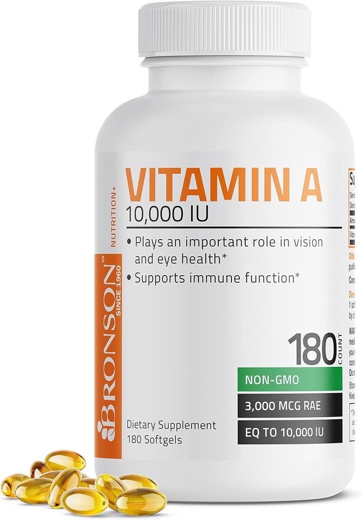 Vitamina Bronson A 10,000 UI Premium No GMO Fórmula apoya el sistema de visión saludable y el crecimiento saludable y la reproducción, 180 Softgels