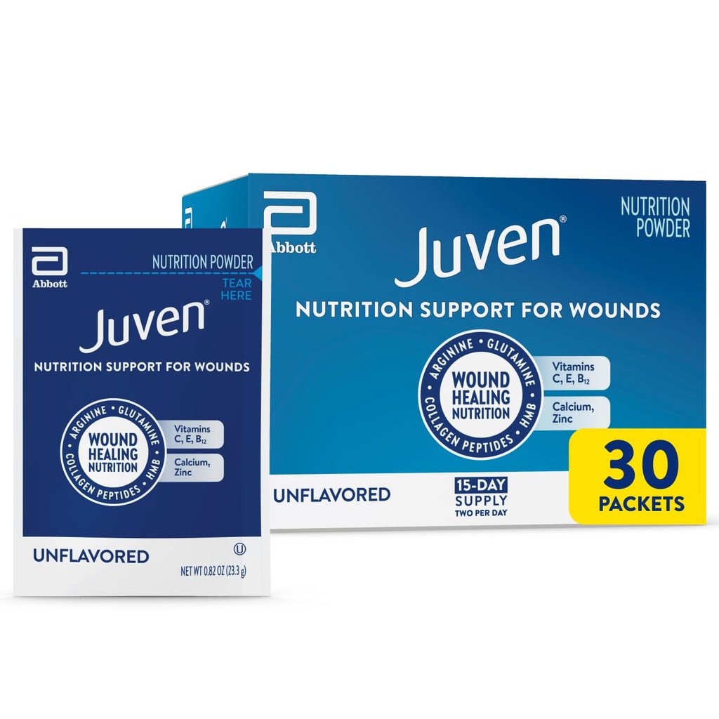 Juven Therapeutic Nutrition Drink Powder Incluido Peptides Collagen, Amino Acids, y HMB Para el soporte de curación de heridas, Desflavorado, 30 Packets