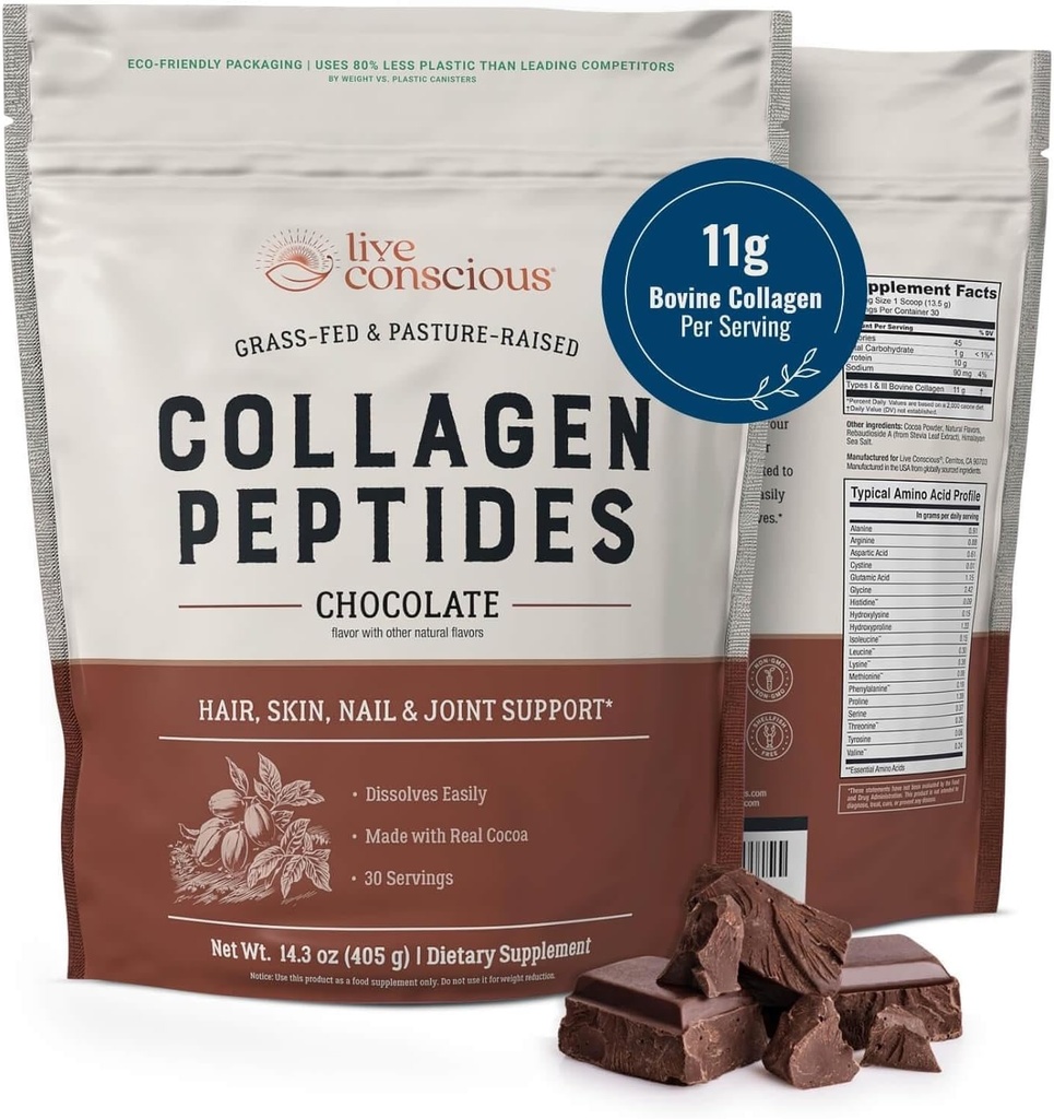 Peptides de Collagen en vivo Polvo - Chocolate Collagen Powder - Pelo, Esquí, Nail y Soporte Conjunto - Tipo I < III Suplementos de Collagen para Mujeres y Hombres - 30 Servimientos - 14.3oz